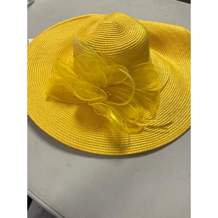 August Hat Fine Millinery Wide Brim Adjustable Organza Bow Yellow