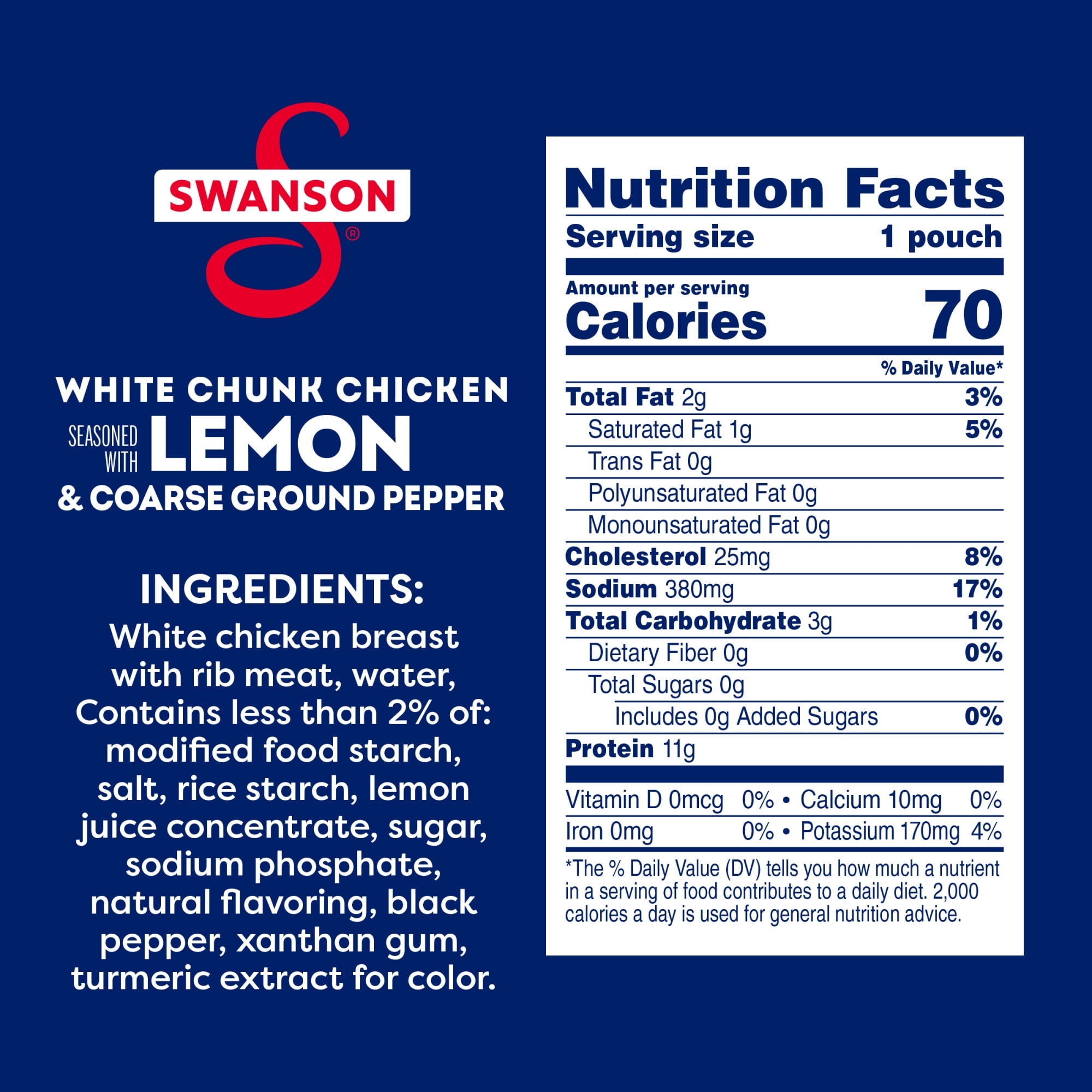 (6 pack) Swanson Lemon and Coarse Ground Pepper White Chunk Fully Cooked Chicken, Ready to Eat, Simple on-the-Go Meals, 2.6 oz Pouch