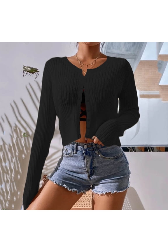 Womens Cardigans Black Button up Lightweight Cropped Sweater for Women Solid Long Sleeve Dressy Fall Coat