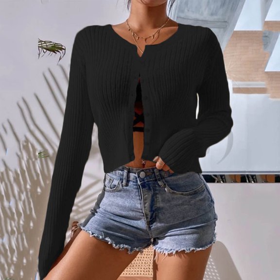 Elvqul Cardigans for Women Soft Long Sleeve Button up Cropped Sweater Women Black Fashion Outwear Open Front Tops