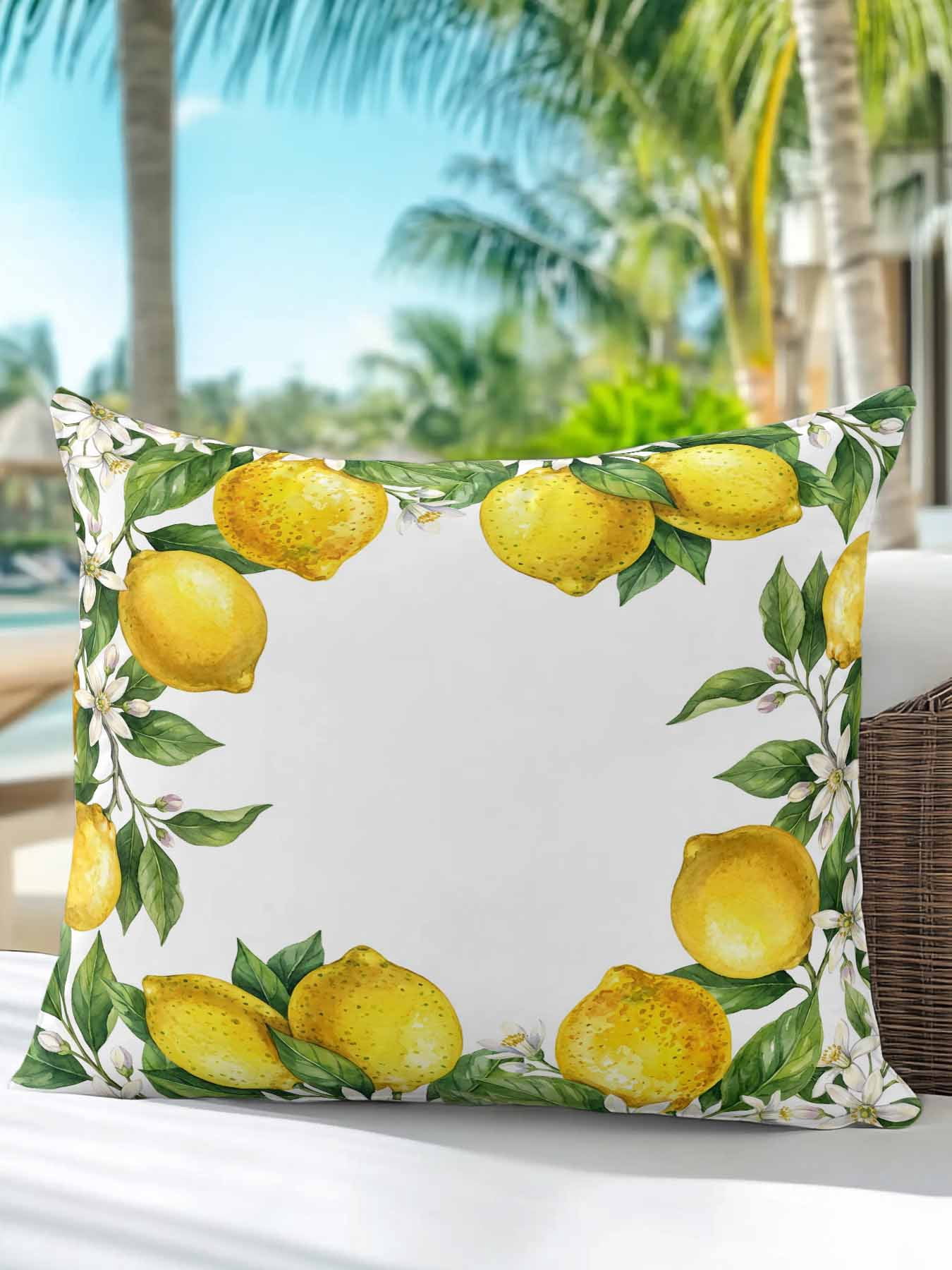 1 Pack Outdoor Pillows Waterproof, Summer Lemons Indoor/Outdoor Throw Pillows with Inserts, Fruits White Flowers Farmhouse Country Decorative Pillow for Patio Furniture Chairs Couch