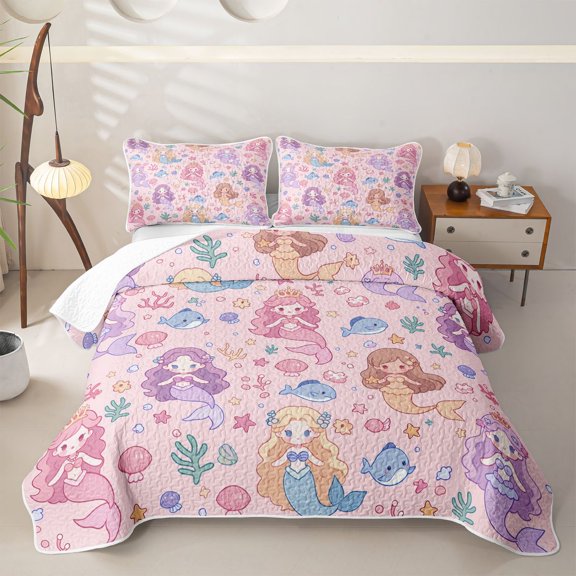 meiyoeat Kawaii Crown Mermaid Princess Twin Quilt Set for Girls, Dolphin Star Coral Fairy Twin Coverlet Set, Pink Purple, 2pcs