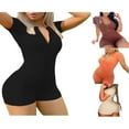 thumbnail image 3 of Summer Fall Girl Rib Knit Romper Female Solid Short Sleeve Zip V Neck Slim Jumpsuit Women Homewear Orange M, 3 of 4