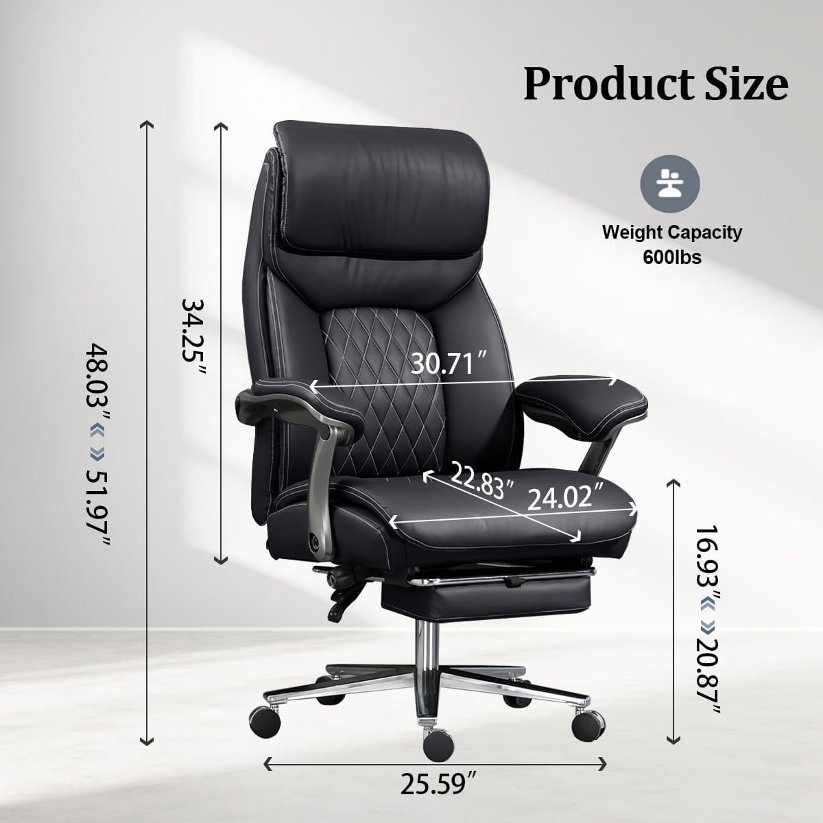 WXJHL Big and Tall Office Chair, Wide Seat Executive Office Chair with Lumbar Support and Headrest, 600 lbs Heavy-Duty Ergonomic Desk Chair, Luxury Leather Chair with Leg Rest,Black