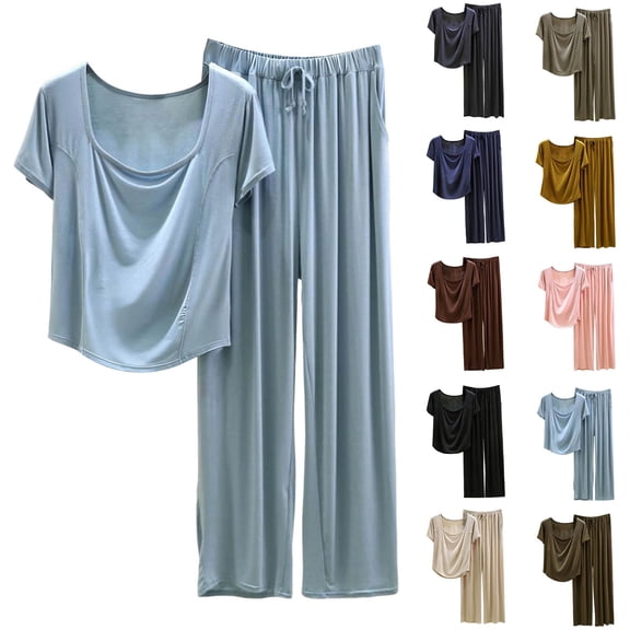 Bixock Women's Pajama Set,2 Piece Pajamas Set for Women Solid Color Loose Round Neck Short Sleeve Top Long Pants Soft Loungewear Sleepwear
