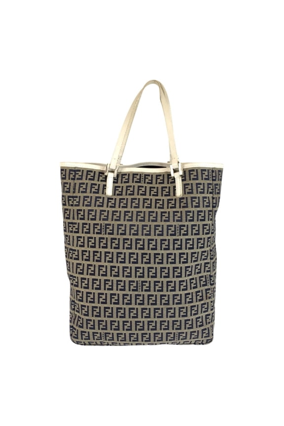 Pre-Owned FENDI Zucchino Tote Bag, Gray, White, Silver Hardware, Canvas, Leather, 8BH006,...