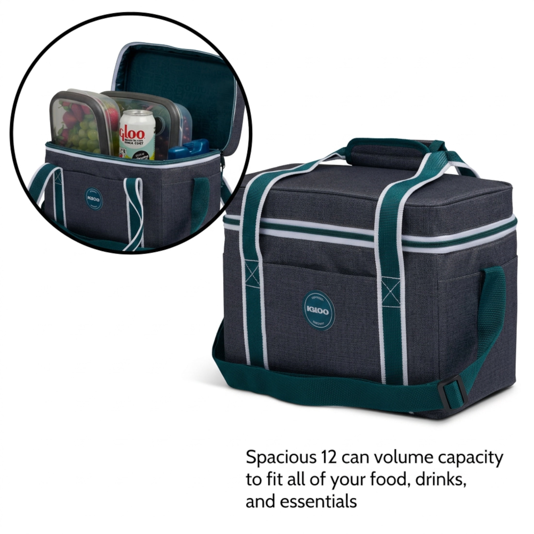 Igloo Heritage Soft-Sided Lunch Cooler Bag, 12 Can Capacity, Gray and Teal, Insulated Soft Cooler Keeps Food and Drink Cold Wherever You Are