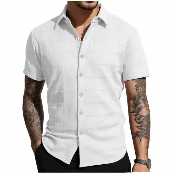 Stamzod Mens Shirts Casual Solid Short Sleeve Button Down Shirt Jacquard Textured Vacation Beach Shirts for Men White XL