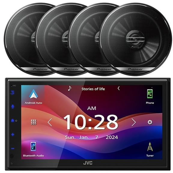 JVC KW-M695BW 6.8" WSVGA LCD Display Single-DIN Bluetooth USB/MP3 Digital Media Shallow Chassis Multimedia SiriusXM Ready Receiver, 4x Pioneer 6.5" 300 Watts Max Power 2-Way Coaxial Car Audio Speakers