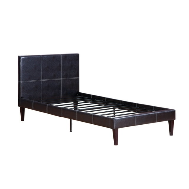 Twin Bed,Faux Leather With 12 Slats , Espresso,Brown