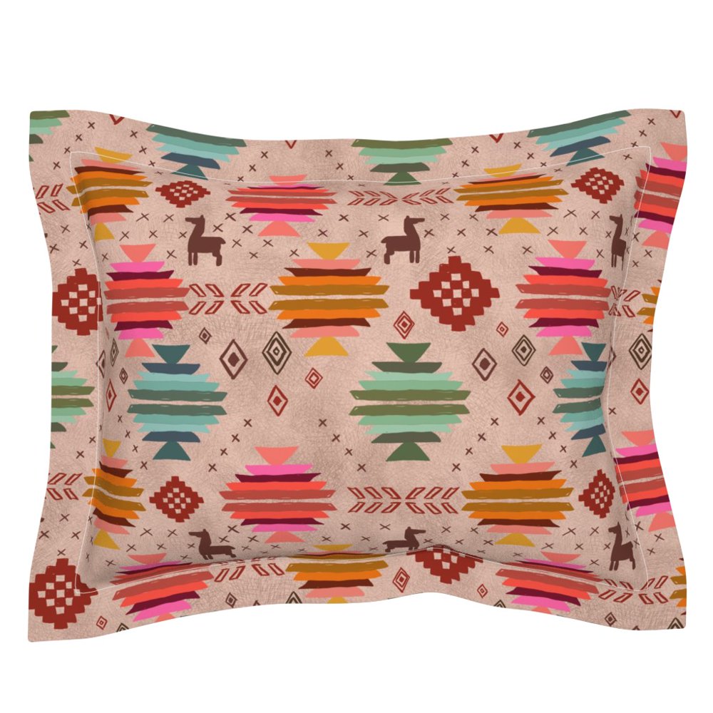 Lama Kilim Modern Bohemian Pink Orange Blue Boho Llama Pillow Sham by