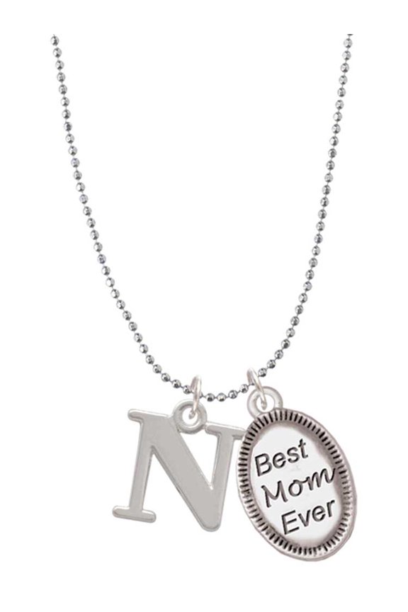 Silvertone Large Initial - N - Best Mom Ever Charm Necklace