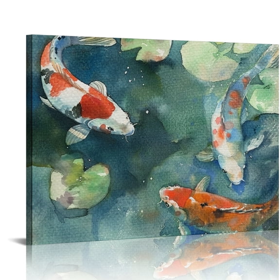 YILUYINQING Koi Fish Lily Pads Watercolor Painting Wall Decor Canvas Art for Home Bedroom Kitchen Office Salon, Ready To Hang Room Home Art Decor 16x12in