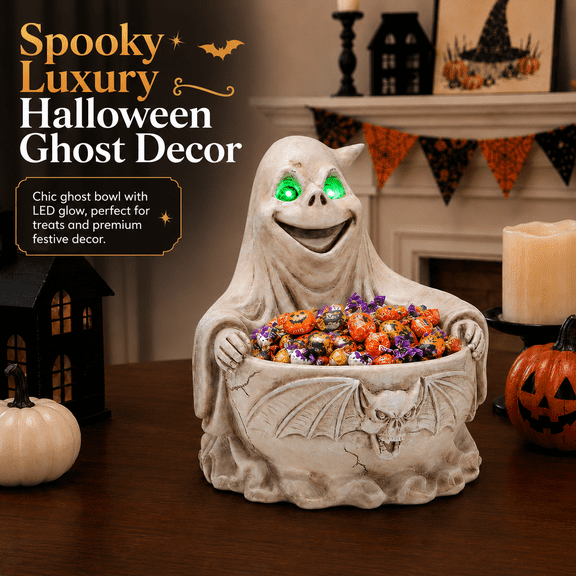 Halloween Ghost Candy Bowl with Green LED Eyes, Resin Tabletop Decor