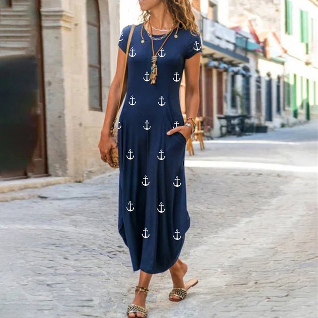 Robes Longues Bohèmes à Imprimé Floral pour Femmes Été Col Rond Manches Courtes Poches Robe Femme Vintage Décontractée Maxi Robes de Soirée