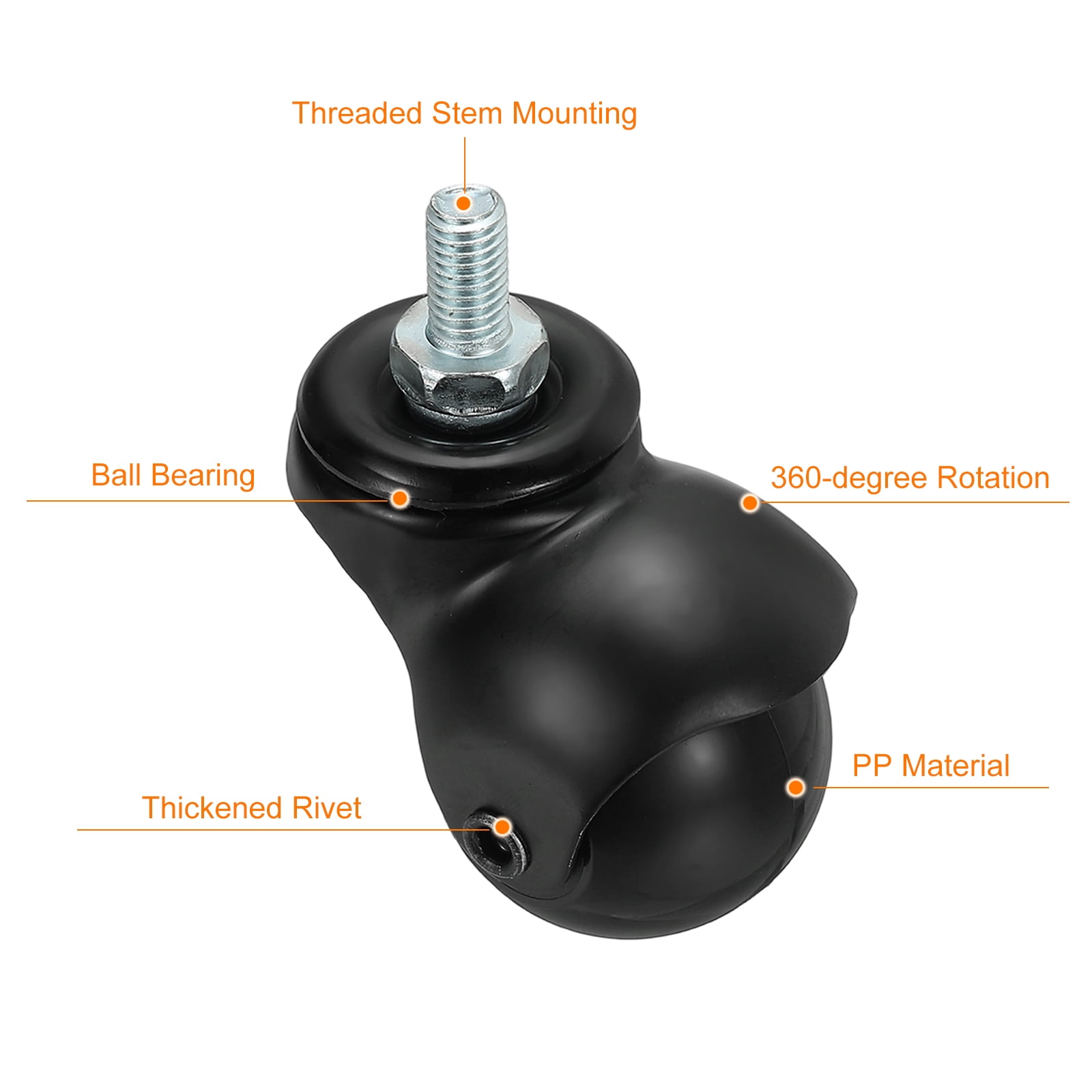 Uxcell 1.5" Ball Caster Wheels, 4 Pcs Threaded Stem Caster 360 Degree Movable Rotatable Caster Wheels for Furniture,Electrophoretic Black