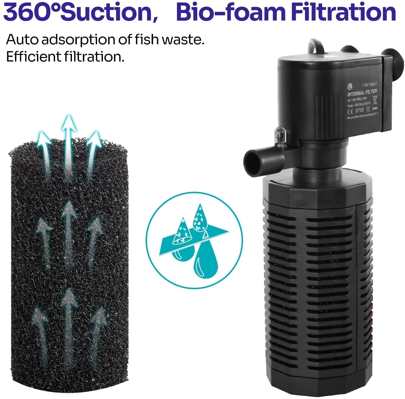 WEINFUN Aquarium Internal Silent Filter, 13W Power with Aeration System, for 10-50 Gallon Tanks