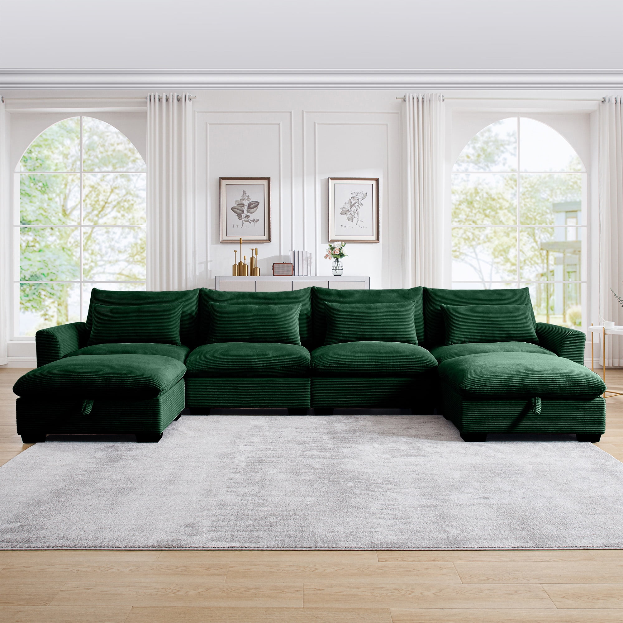 Gewnee Modular Deep Seat 157.5"Corduroy Sectional Sofa 4 Seats L Shape With 2 Storage Ottomans, Cloud Couch Oversize Sofa Couch for Living Room