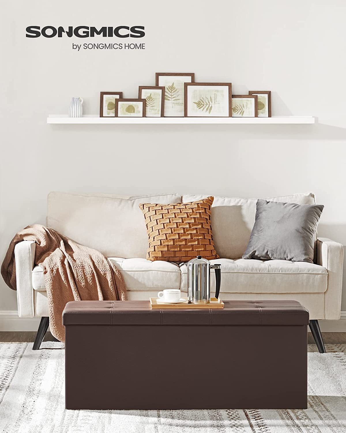 SONGMICS 43" Storage Ottoman Bench Folding Leather Ottoman with Storage Footrest Holds 660lb for Bedroom Brown
