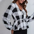 thumbnail image 3 of Imprimir V cuello WRAP Top linterna manga larga ruffle hem mujeres floral impresión abrigo blusa para mujer blanco y negro grande Checker M, 3 of 6