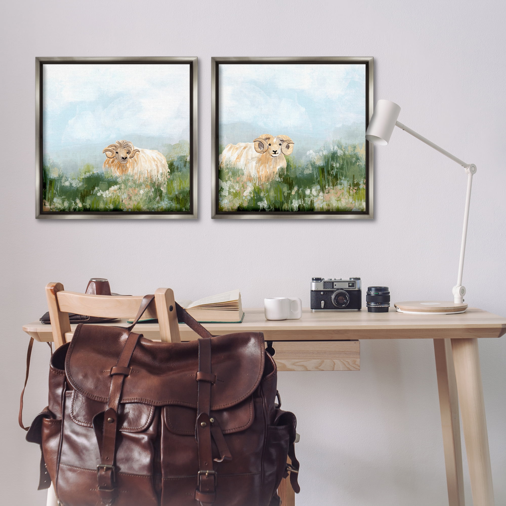 Stupell Industries Curly-Horned Sheep Field Animals Painting Gray Floater Framed Canvas Art Print Wall Art, 25 x 25, Set of 2
