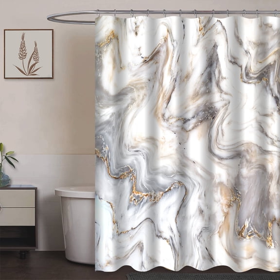 Ombre White Gray Gold Abstract Marble Shower Curtain Set, Modern Ink Art Waterproof Polyester Bathroom Curtain, 71x71 Inch Decorative Shower Curtain with 12 Hooks