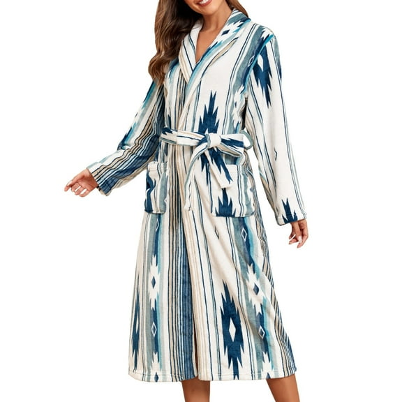 XIAONU Womens Plush Robe Relaxed Fit Geometric Print Sleepwear Warm Stylish Loungewear Gown