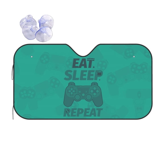 XMXY Car Sun Shade Windshield, Eat Sleep Game Repeat Slogan Cartoon Pattern Green Automotive Front Window Sun Visor for Cars SUV Trucks, Medium Size