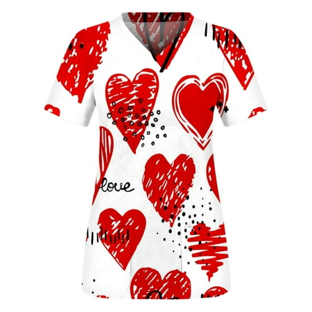 

Women Fashion Love Heart Print Scrubs Top Uniform Workwear Casual V Neck Print Scrub Tops Loose Working Uniform Blouse Scrub Short Sleeve with Pocket