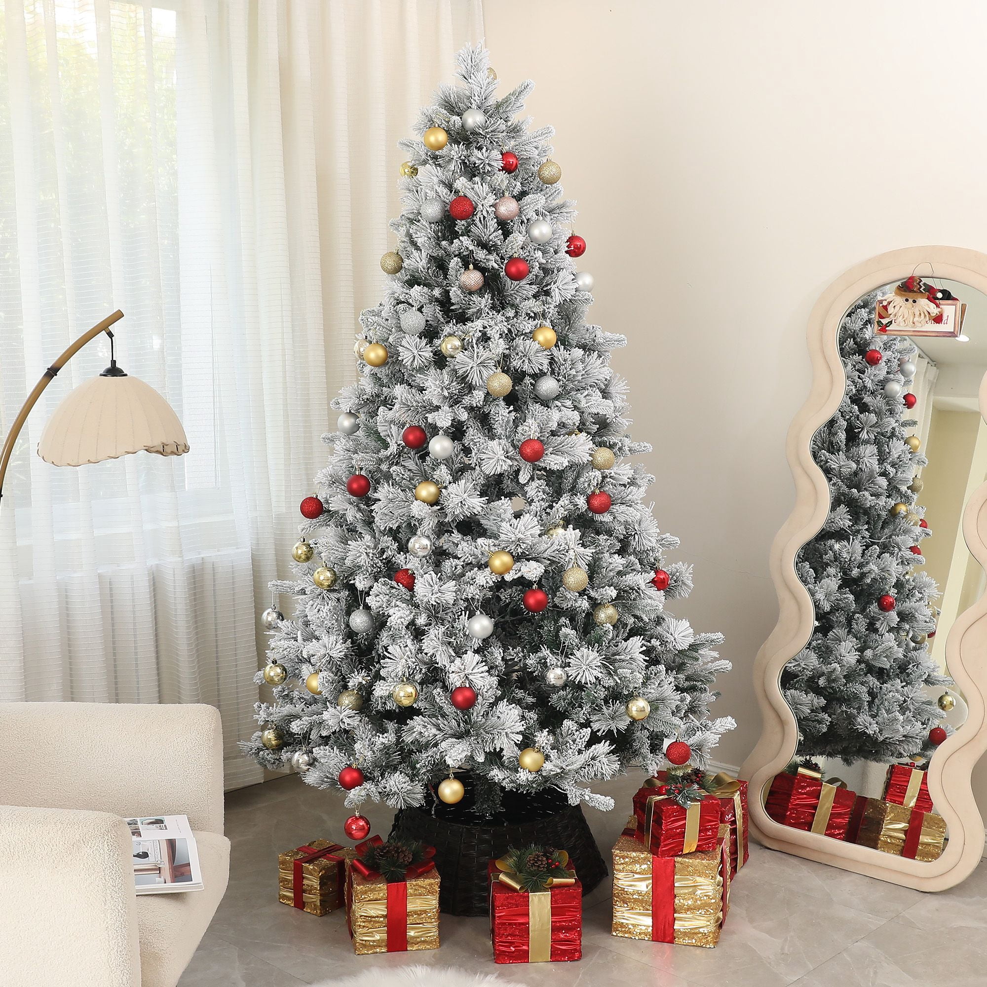 7.5 ft Prelit Flocked Christmas Tree with 500 Clear Lights, 1530 Tips, Steel Frame and Metal Stand for Indoor Holiday Display