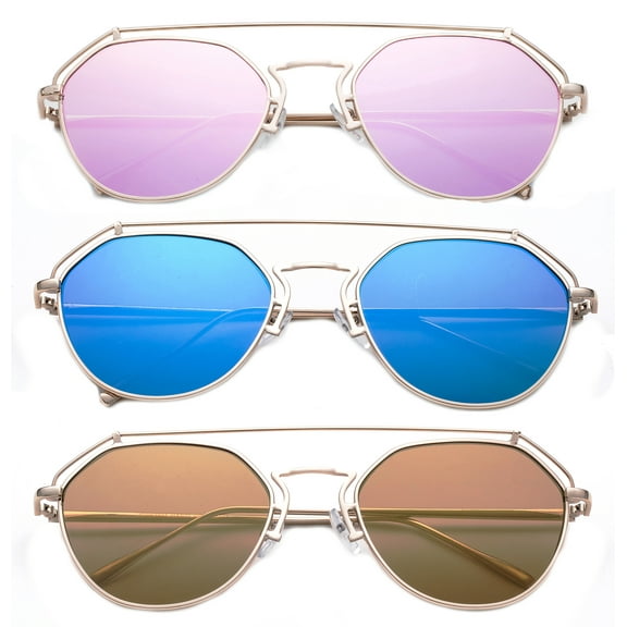 3 Pack Dual Bridges Metal Fashion Sunglasses for Women, Flat Lens with Mirror