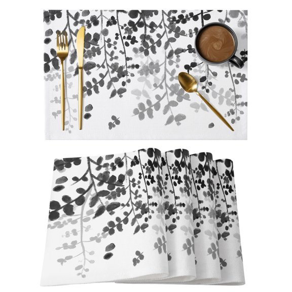Black Gradient Leaf Placemats Set of 6, Rustic Eucalyptus Leaves Farm Plants Non-Slip Place Mats Washable Table Mats for Kitchen Dining Table Decorations Indoor/Outdoor