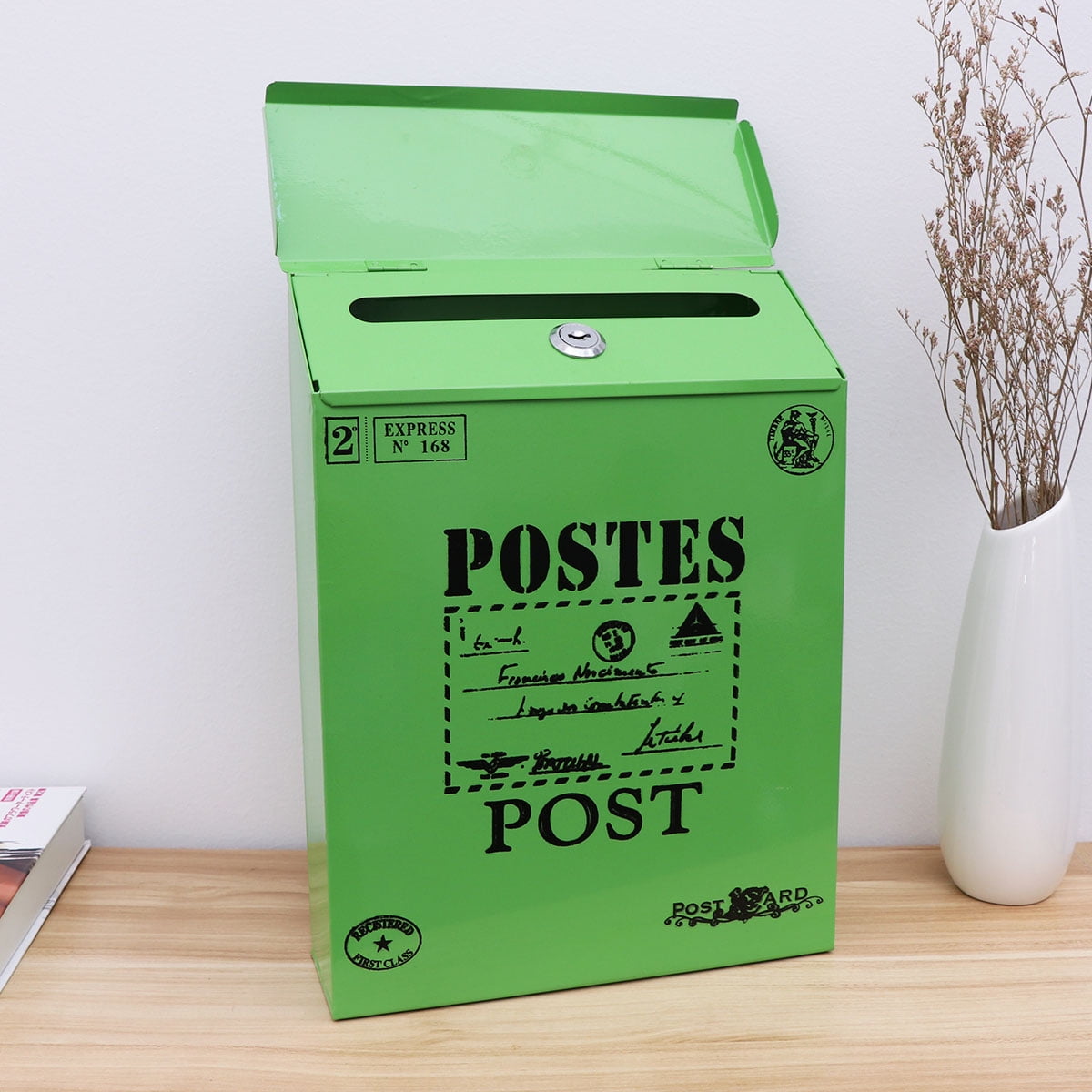 HONITANO 1Pcs Green Iron Rectangular Vintage Mailbox with Lock for Home Decoration 11.8x8.7x2.8in