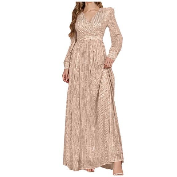 Women Formal Sequin Dresses - Evening Gowns Long Sleeve V-Neck Wedding Guest Sparkly Prom Long Maxi Dress XL