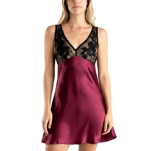 Linea Donatella Women's Enchante Lace & Satin Chemise - Bordeaux, Size Small