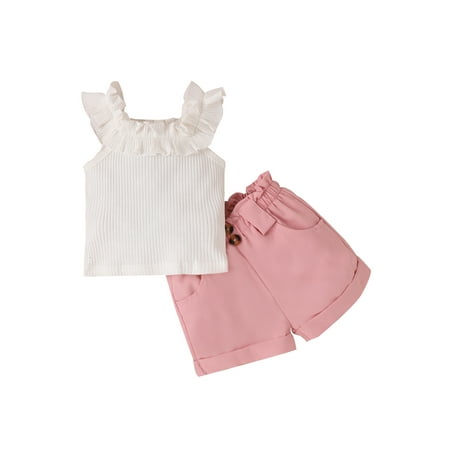

Wassery 2Pcs Toddler Girls Summer Outfit 1 2 3 4 5 Years Little Girls White Sleeveless Ruffle Ribbed Tops + Solid Color Shorts