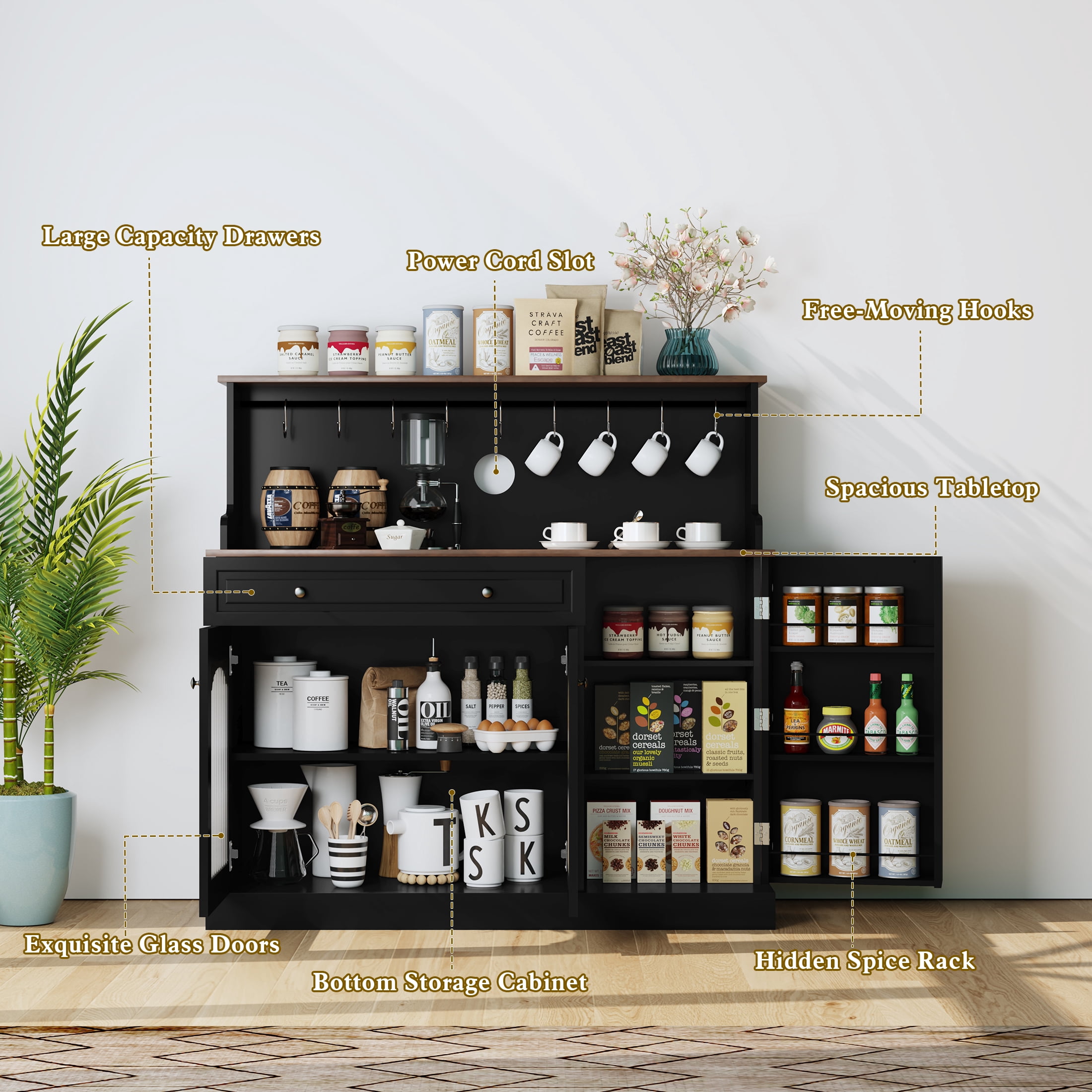 HLR 48" Modern Wood Kitchen Pantry Cabinet, Coffee Bar with Drawer & Microwave Stand, Dining Room, Black