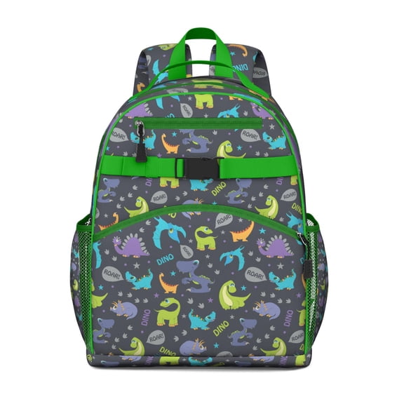 Cartoon Dino School Backpack with Vibrant Roaring Dinosaur and Abstract Nature Background Pattern