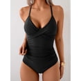 thumbnail image 3 of Women's One Piece Swimsuits Tummy Control Front Cross Bathing Suits Tie Back Slimming V Neck Swimwear Black Stripe, 3 of 3