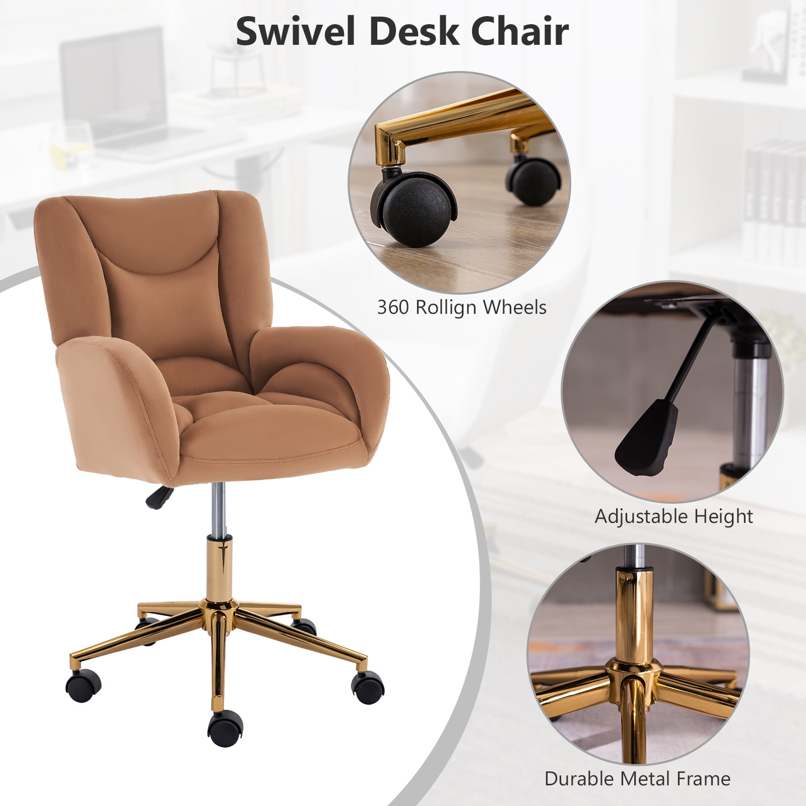 Desk Chair with Wheels and Arms Velvet Comfortable Desk Chair for Home Office Height Adjustable Vanity Chair Modern Task Chair Computer Desk Chair Coffee