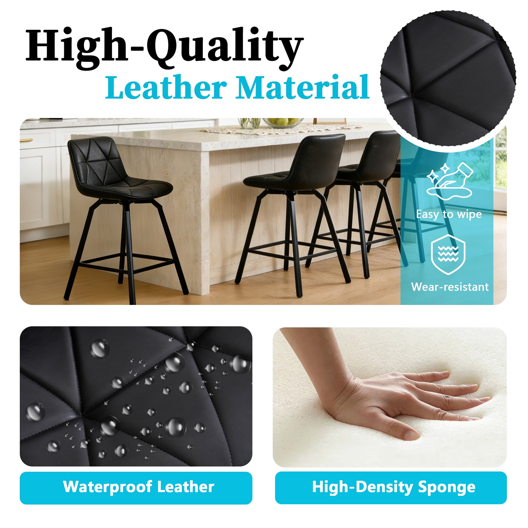 ClinQ 26 inch Swivel Counter Height Bar Stool Set of 3, Faux Leather Seat with Metal Legs and Back, Black