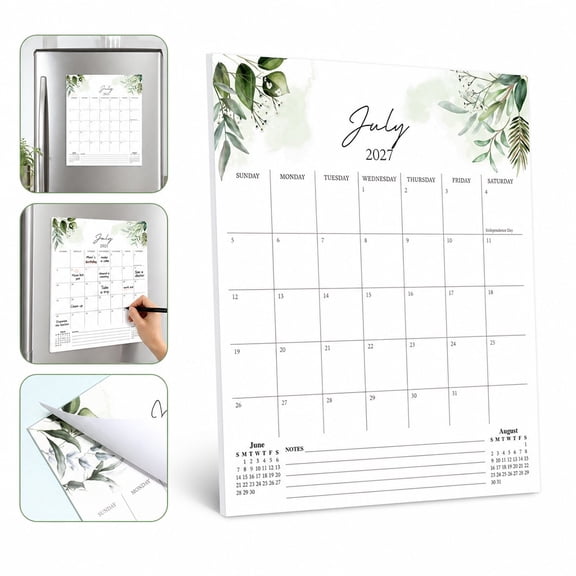 2026-2027 Monthly Wall Calendar with Green Leaf Watercolor Design, Magnetic or Hanging, English Schedule Planner for Home Office