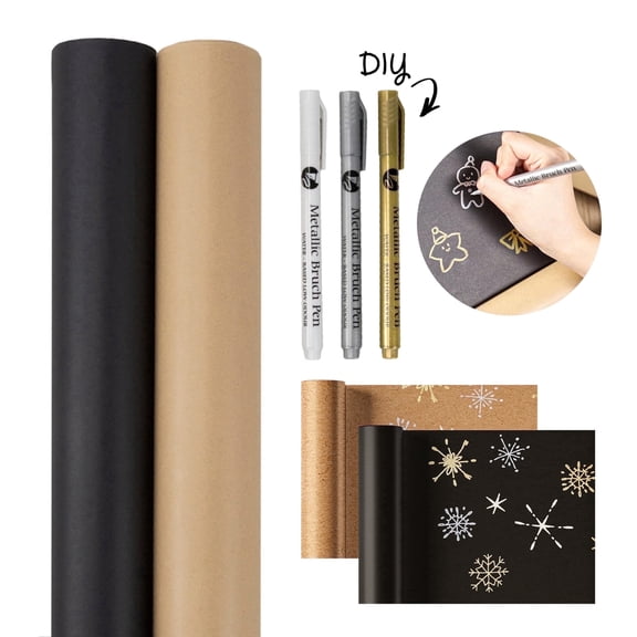 LaRibbons 30" x 33' Kraft Chalkboard Wrapping Paper 2 Pack with Chalk Markers, Gift Wrapping Paper for Birthday, Holiday, Christmas, Wedding, DIY Crafts