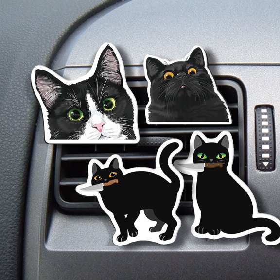 WIRESTER 4pcs Car Air Freshener Fragrance Vent Clip Interior Decoration for Cars with Lemon Scented Pad - Animal Black White Tuxedo Cat & Black Bombay Kitten Cat & Black Cats With Knife