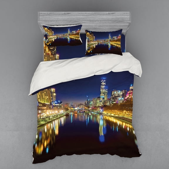 Ambesonne City Bedding Set 4 Pcs, Night in Melbourne River, Queen, Indigo Yellow