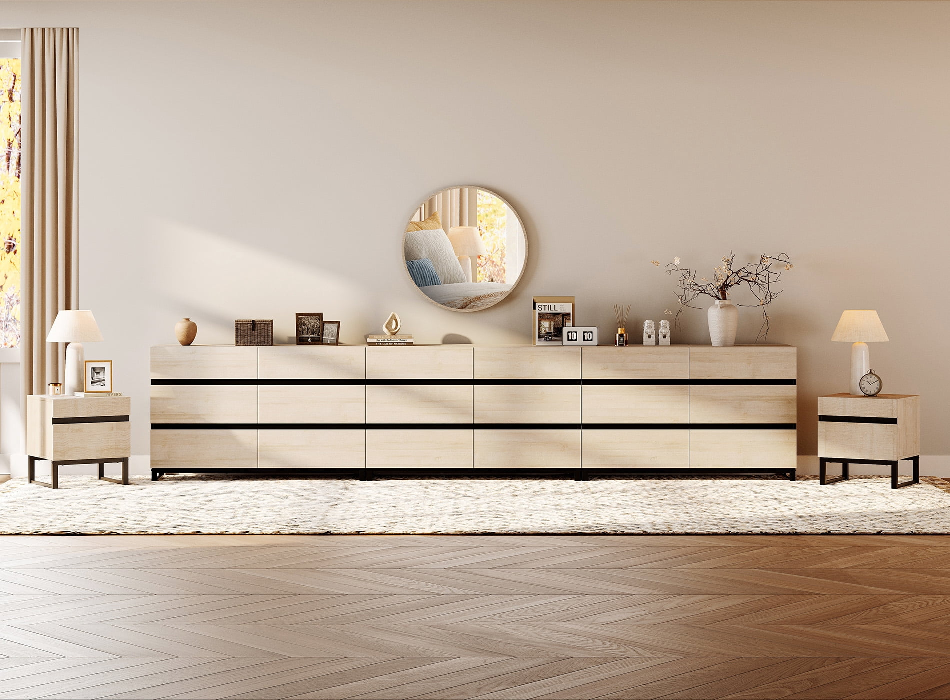 WAMPAT 5-Piece Bedroom Set, Modern 142" 18-Drawer Dresser & 2 Nightstands (2 Drawers Each)