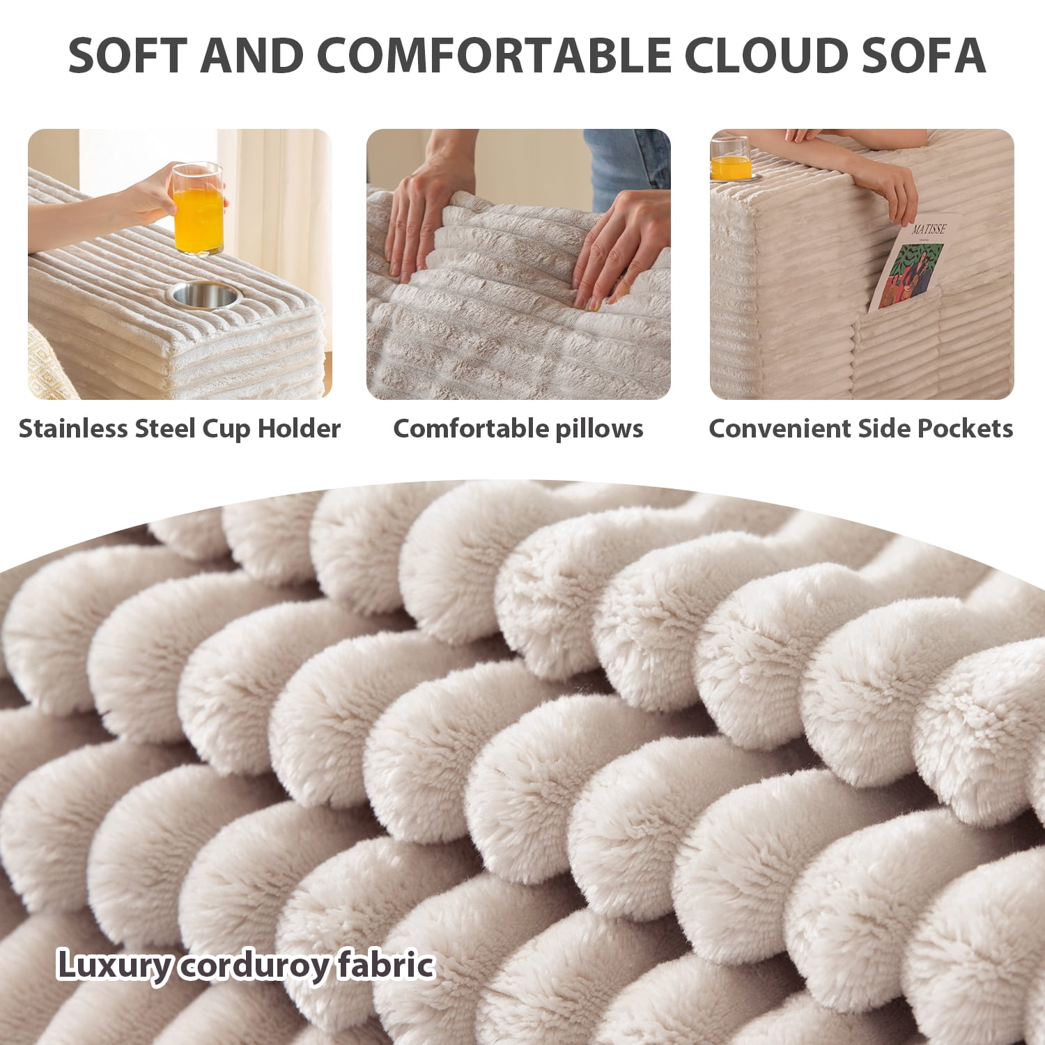 BYBYME 78.7" Corduroy Cloud Floor Sofa,Modular Comfy Small Cloud Couch for Small Spaces,Boneless Sofa for Living Room,No Assembly,3-Seater,Grey