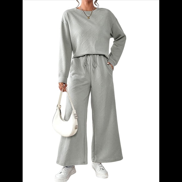 Conjunto de Dos Piezas de Otoño para Mujer, Jersey de Larga, Pantalones Anchos, Conjunto Informal A Juego, Ropa de Moda. Gris XXL