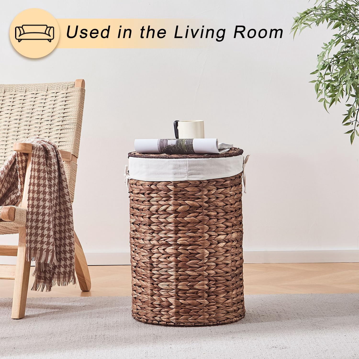 Casa Pura Furniture Handwoven Round Water Hyacinth Laundry Hamper with Lid, 60L Wicker Storage Basket with Handles, No Assembly Needed for Bedroom Bathroom Home Organization