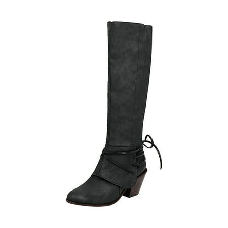 

Juebong Women s Long Boots Pointed Lace Up Boots Warm Solid High Heel Knight Boots Leather Boots Black Size 9.5